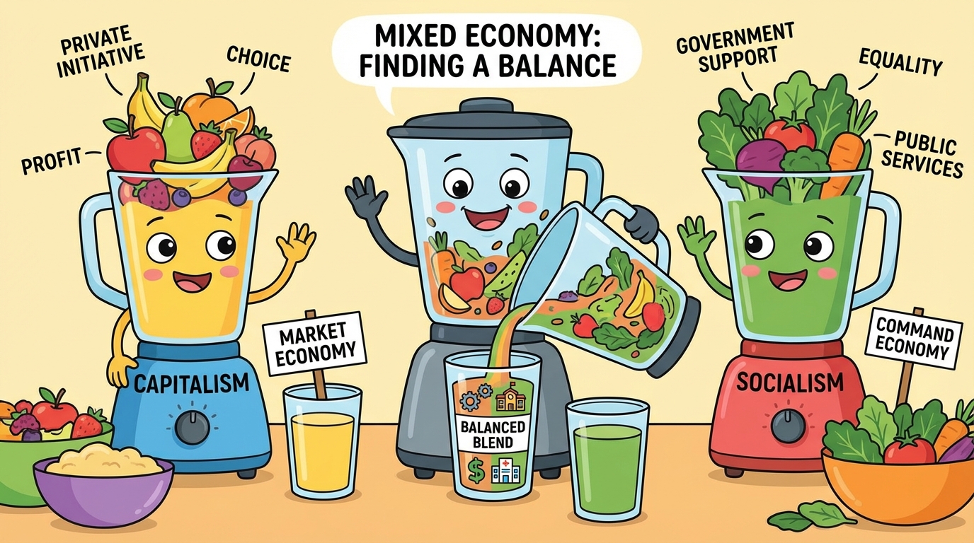 A balanced scale illustration showing a factory on one side representing business and a courthouse on the other representing government, perfectly balanced.
