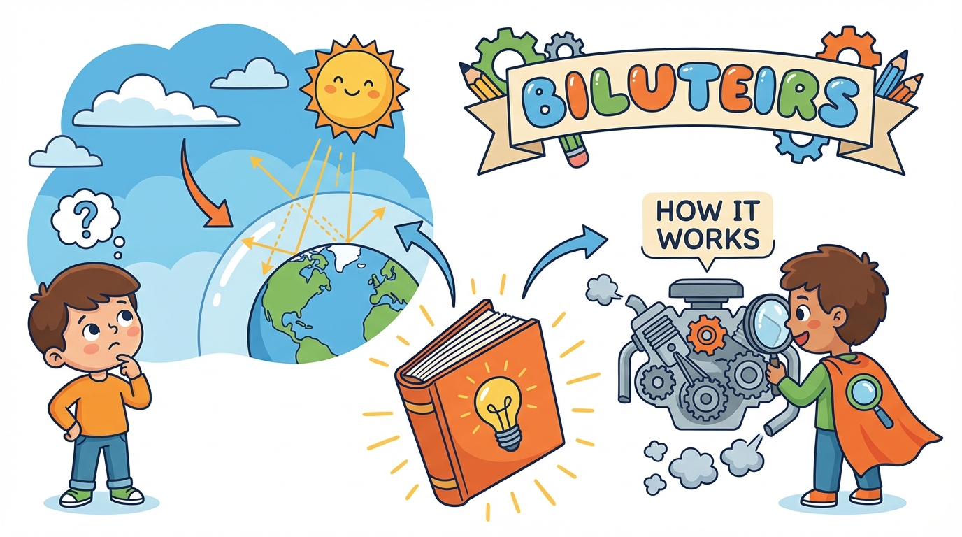 A colorful split illustration: on the left, a student reading a storybook with dragons; on the right, a student looking at a science poster explaining the water cycle.