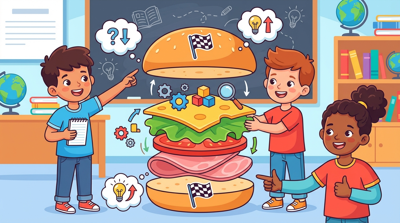 A colorful diagram showing a sandwich or a burger, where the top bun is labeled 'Introduction', the meat and veggies are labeled 'Development', and the bottom bun is labeled 'Conclusion'.