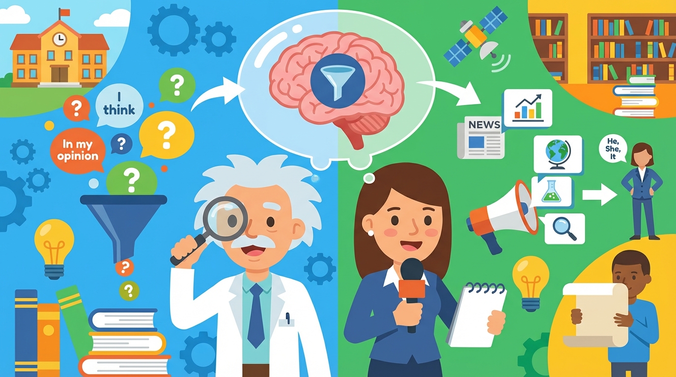 A split illustration showing a student on the left thinking 'I love rain' with a heart, and a scientist on the right pointing to a cloud saying 'Rain is precipitation'.