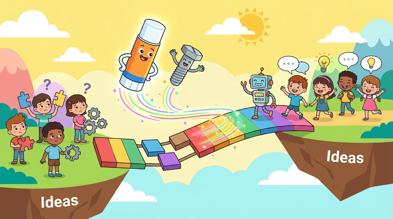 A cartoon illustration showing two puzzle pieces labeled 'Idea A' and 'Idea B' being joined together by a connector piece labeled 'Therefore'.