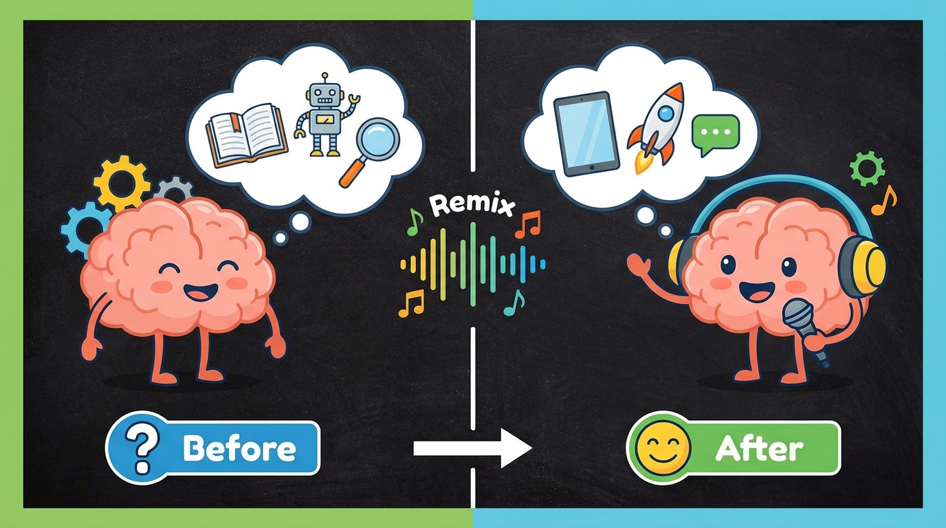 A split-screen illustration: On the left, a robot reading a complicated dictionary definition. On the right, a happy student explaining the same concept simply to a friend using hand gestures.