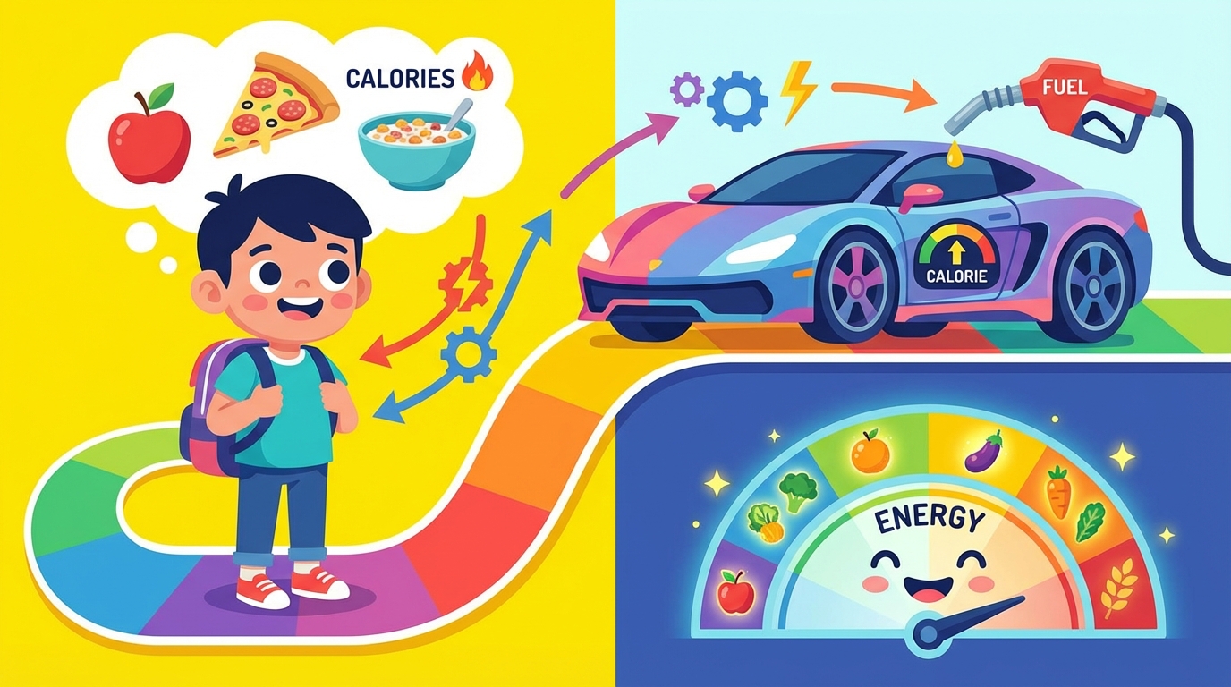A split illustration: on the left, a cartoon race car filling up with gas; on the right, a student eating a healthy lunch, with a lightning bolt symbol representing energy connecting both.