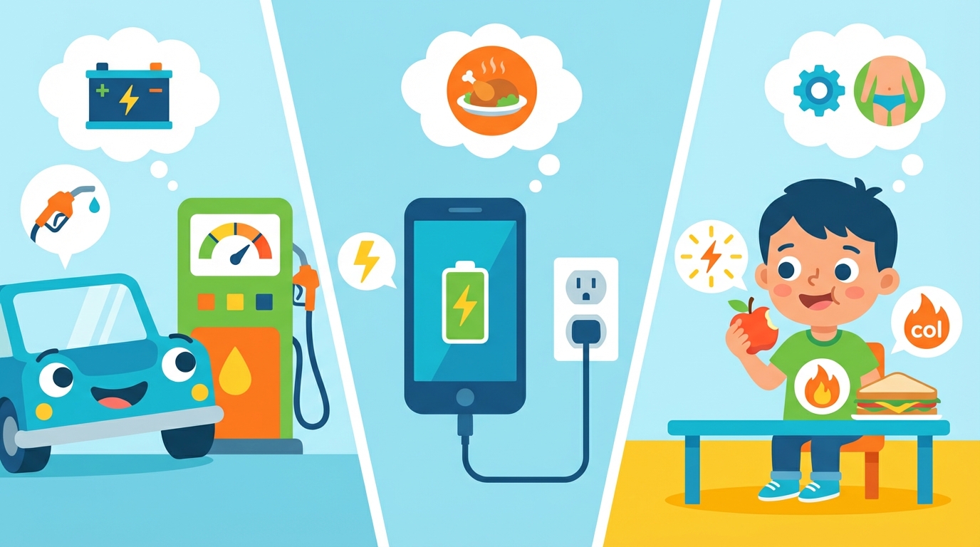 A split illustration showing a cartoon battery charging on the left and a plate of healthy food on the right, symbolizing that food is energy.
