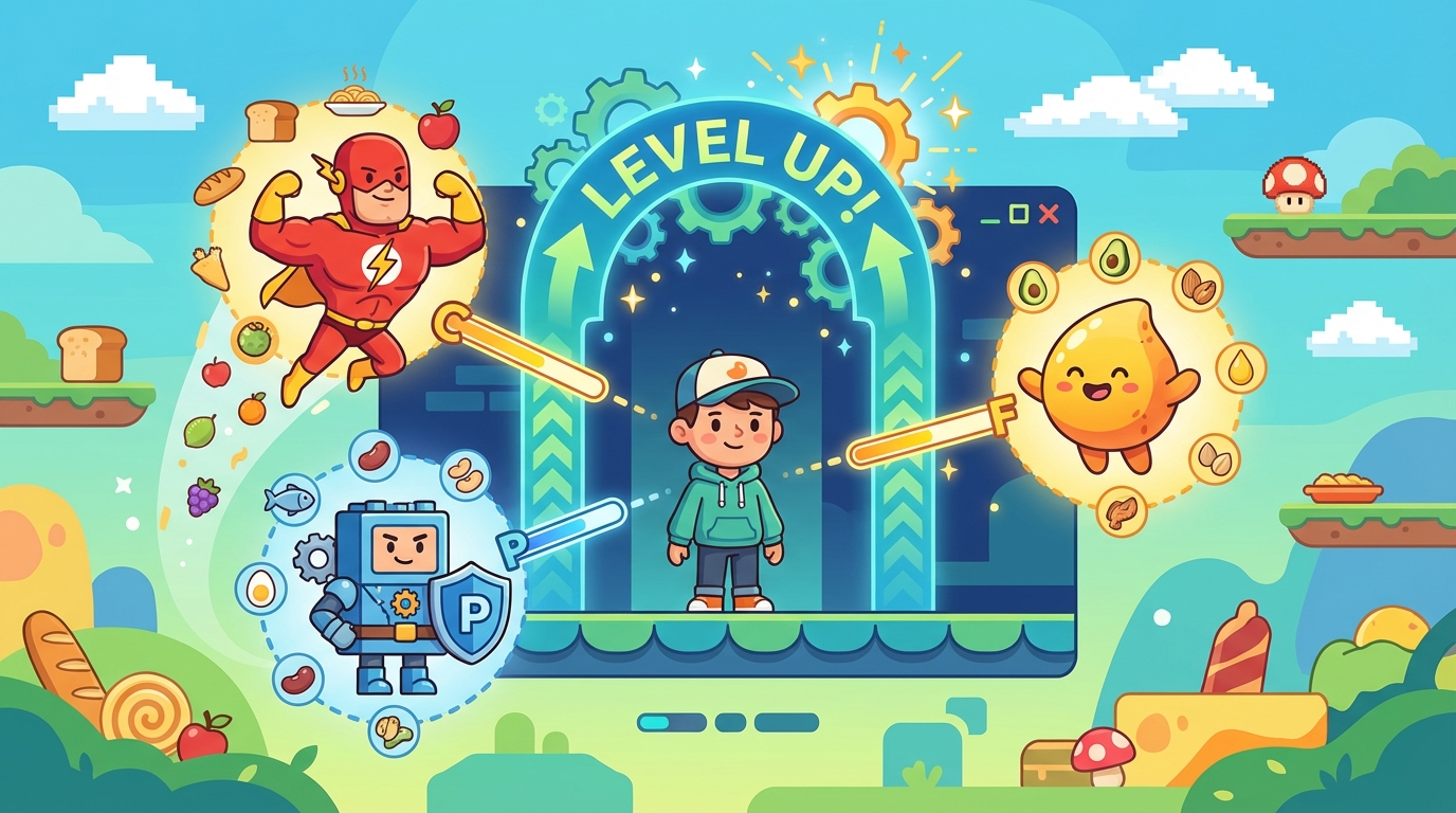 A colorful infographic showing three sections: a running child representing Carbohydrates with bread icons, a flexing arm representing Protein with egg icons, and a brain representing Fats with avocado icons.