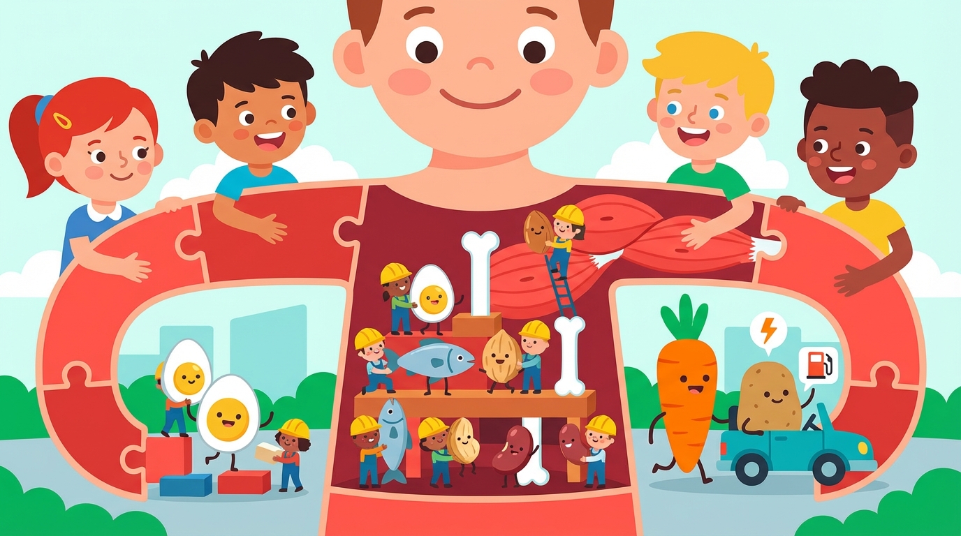 A split illustration showing a flexing arm muscle on one side, and a table filled with protein-rich foods like eggs, fish, almonds, and beans on the other.