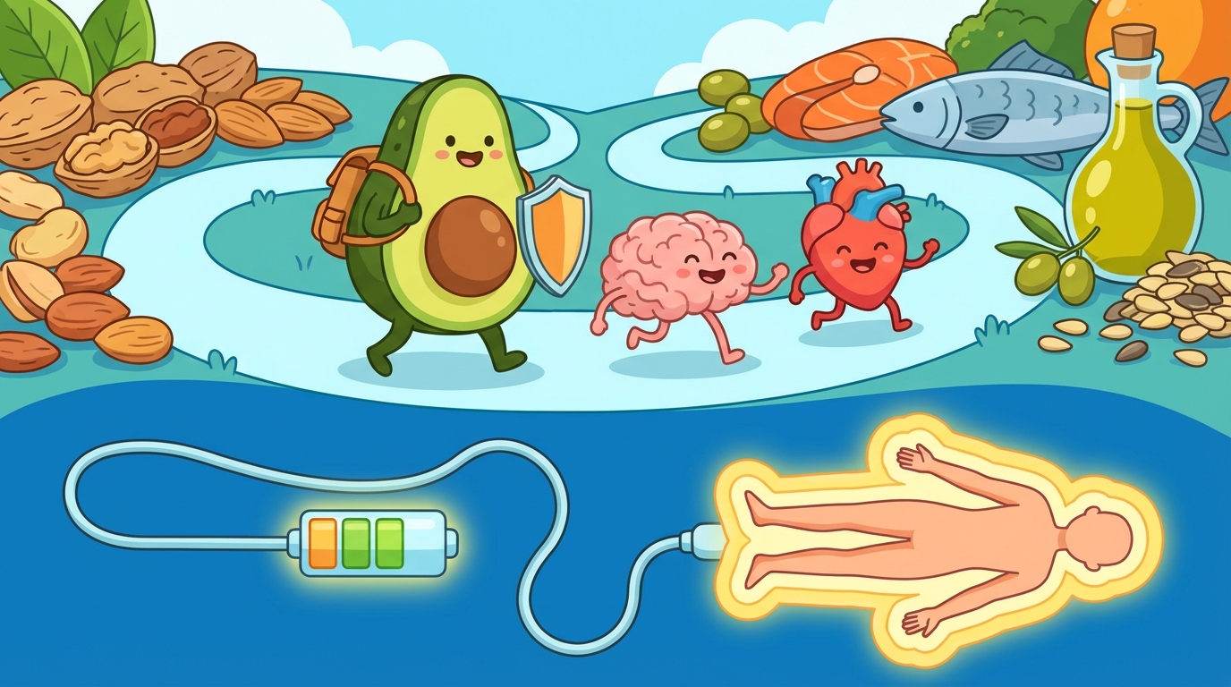 An educational illustration showing a split screen: on the left, healthy fat sources like avocado, salmon, and olive oil with a smiling face; on the right, a diagram of a human silhouette showing fat protecting organs and fueling the brain.