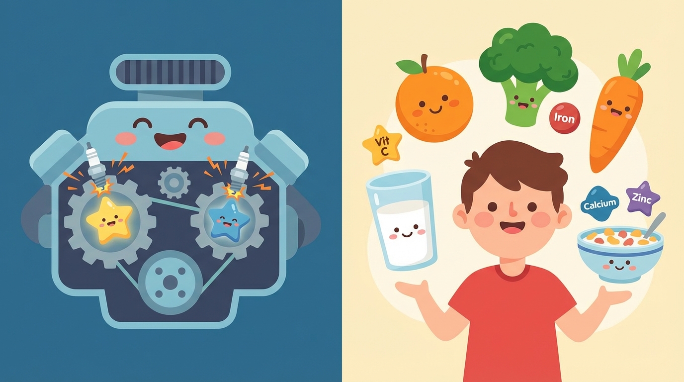 A colorful illustration showing a split screen: on the left, fruits like oranges and carrots labeled 'Vitamins', and on the right, milk, nuts, and leafy greens labeled 'Minerals'.