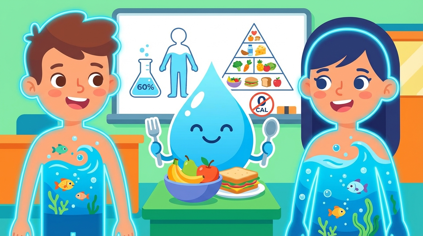 A diagram of a human child silhouette showing it is filled 60% with blue water, with icons of transportation trucks carrying nutrients inside the body.