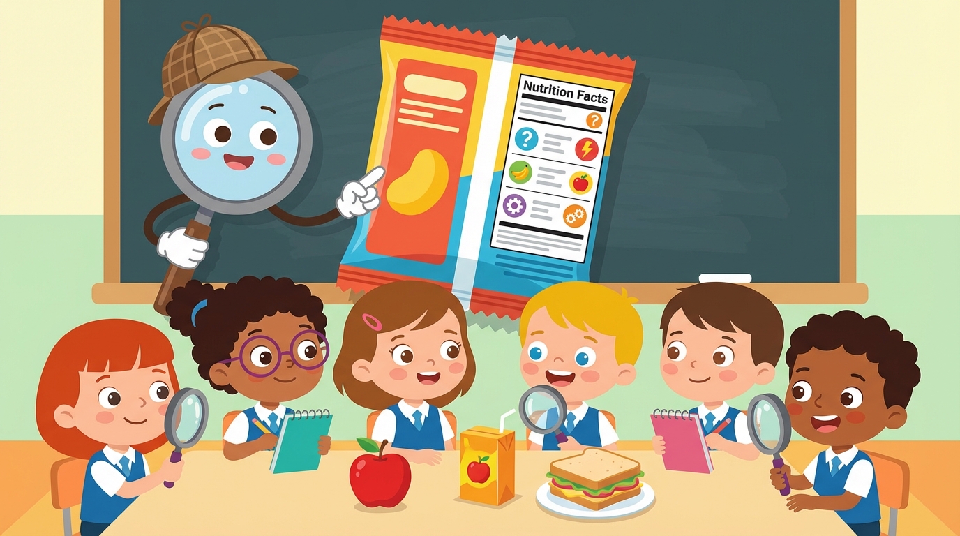 A colorful illustration showing a magnifying glass hovering over a Nutrition Facts label on a cereal box, highlighting the Serving Size and Calories lines.