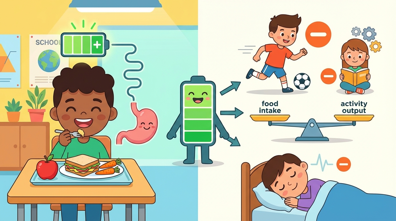 A cartoon illustration showing a balance scale with a healthy meal on one side and a silhouette of a child playing sports on the other side, perfectly balanced.
