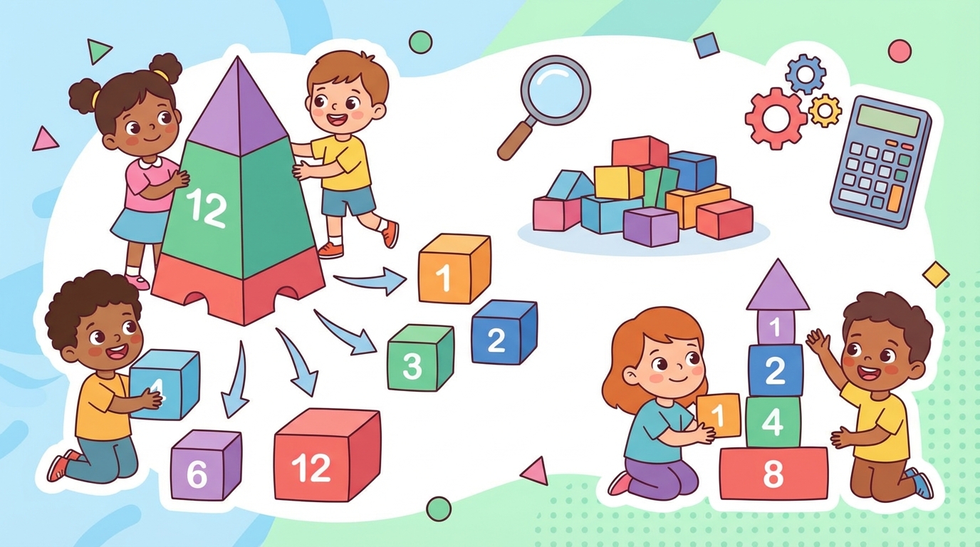 A colorful illustration showing the number 12 in the center, with 'Factor Pairs' branching out like a rainbow connecting 1 to 12, 2 to 6, and 3 to 4.