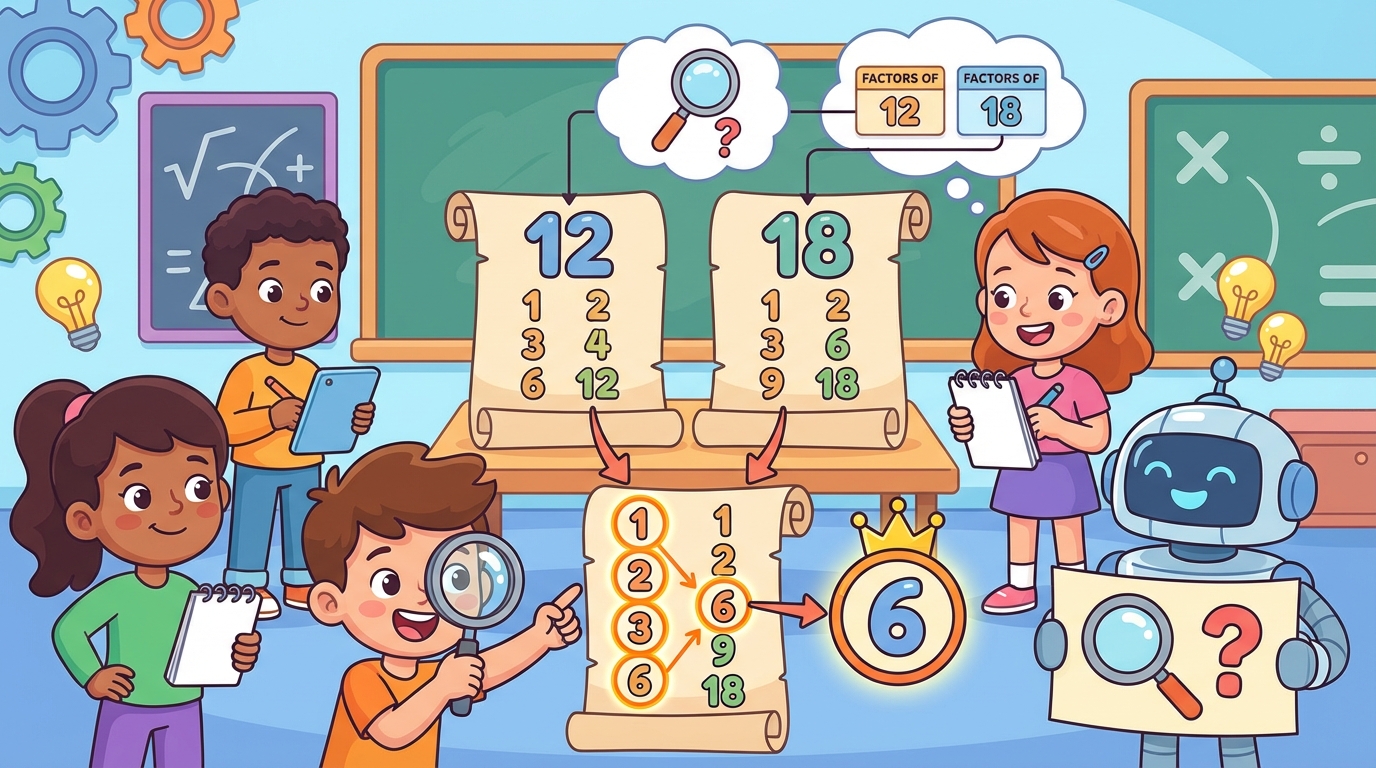 A visual diagram showing two horizontal lists of numbers. The first list shows factors of 12, the second shows factors of 18. The number 6 is highlighted in both lists with a magnifying glass over it.