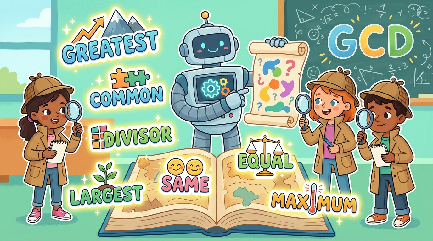 A detective looking at math word problems with a magnifying glass, highlighting words like 'Greatest', 'Divide', and 'Equal Groups'.