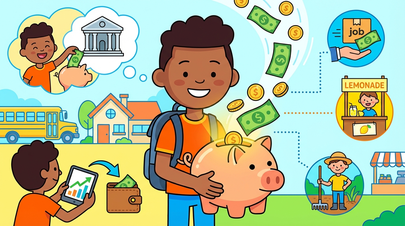 Illustration showing two sides: a child washing a car to earn money, and another child putting a birthday check into a piggy bank.