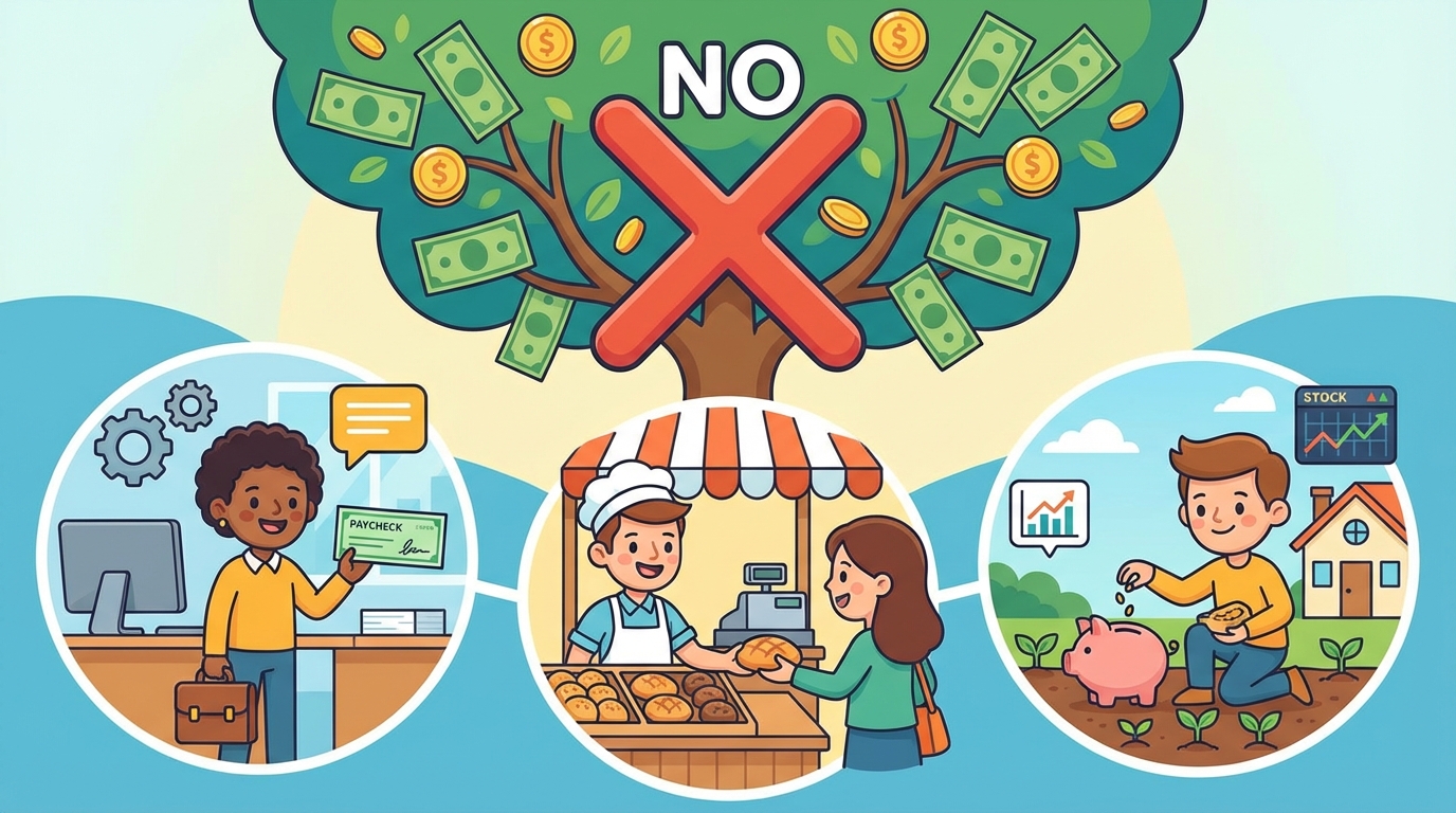 A colorful illustration showing three paths leading to a piggy bank: a construction worker holding a paycheck, a child selling lemonade, and a bank building giving interest coins.