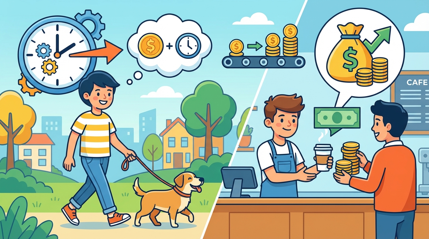 A cheerful student holding a punch-card clock in one hand and a paycheck in the other, visualizing the connection between time and money.