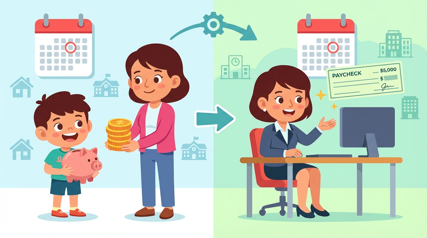 A colorful illustration showing a calendar with the 1st and 15th circled, next to a balanced scale representing steady work and steady pay.