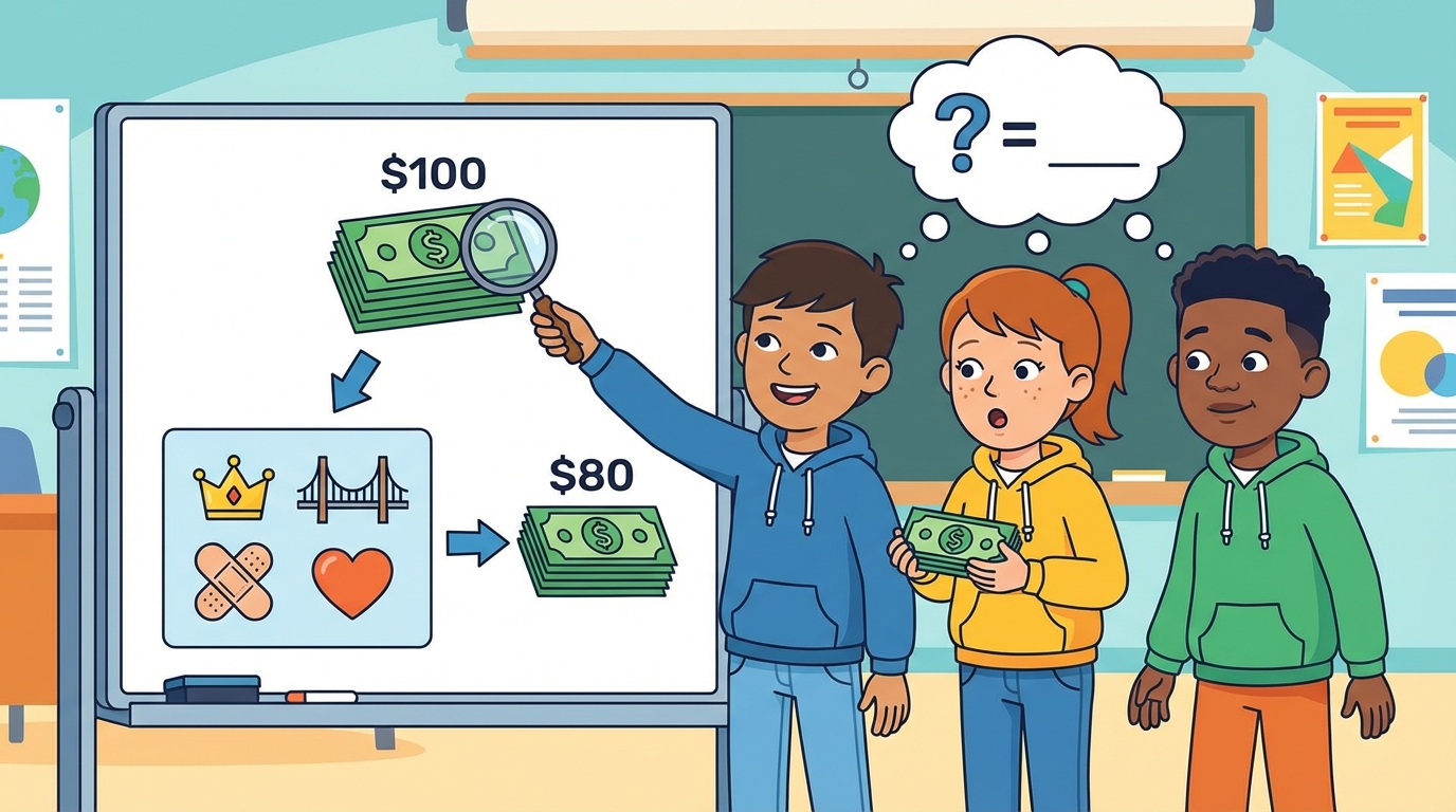 A cartoon illustration showing a large cookie labeled 'Gross Income' and a cookie with a bite taken out of it labeled 'Net Income', representing taxes and deductions.
