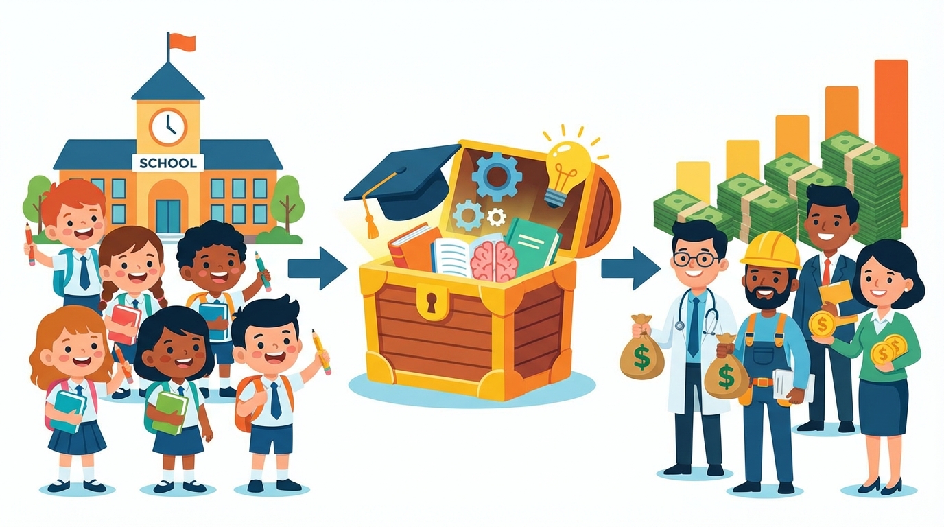 A cartoon illustration showing a student climbing a staircase made of colorful books, with a glowing lightbulb above their head representing ideas and a piggy bank at the top representing earnings.