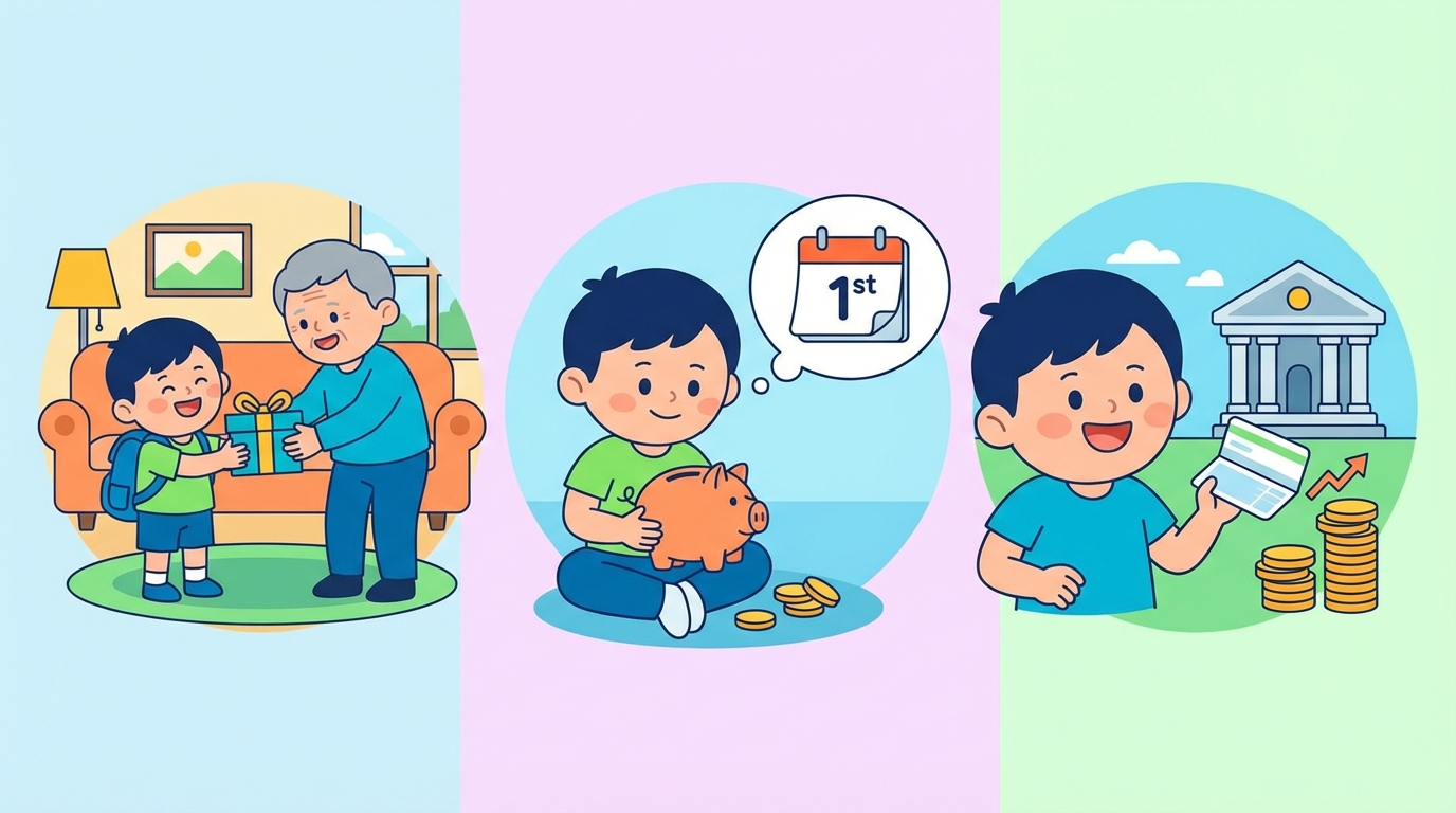 A split illustration showing three sources of money: a colorful birthday card with cash popping out, a piggy bank labeled 'Allowance', and a line graph going up representing bank interest.