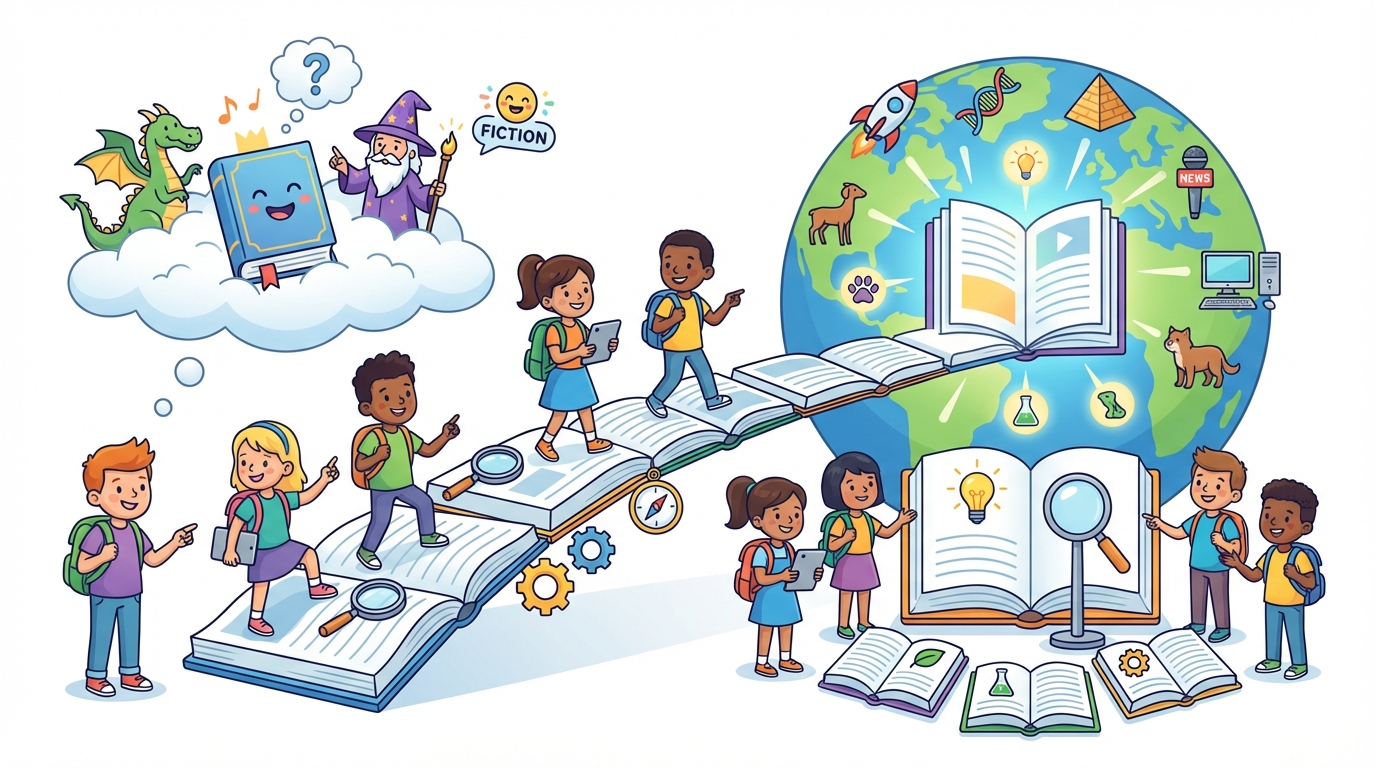 An illustration showing a science textbook, a newspaper, and a biography book next to a magnifying glass, representing the search for facts.