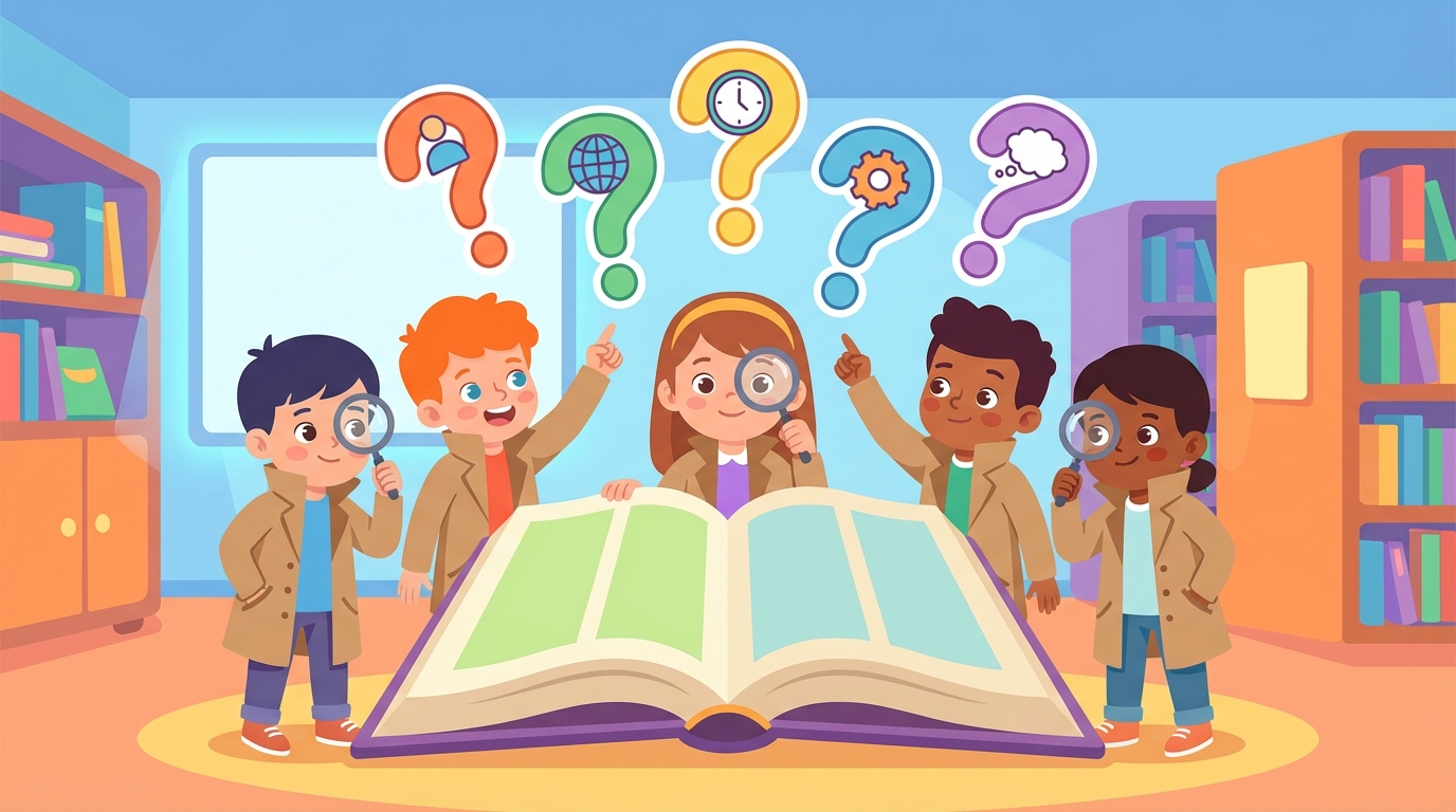 A cartoon illustration of a young student dressed as a detective holding a magnifying glass, looking at a board with 5 colorful sticky notes labeled Who, What, Where, When, and Why.