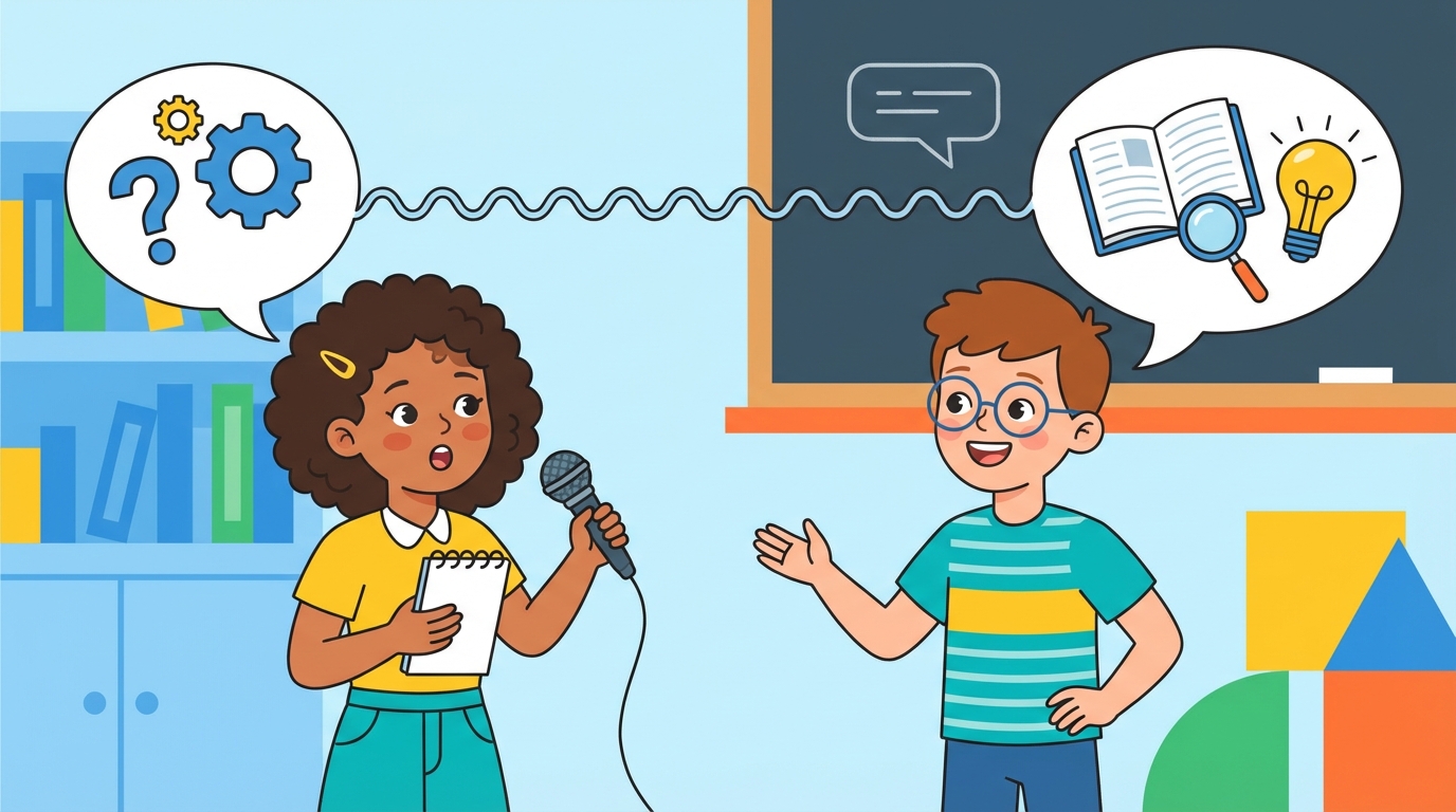 A graphic showing two students sitting in chairs facing each other; one holds a notepad and pen (interviewer) and the other is gesturing while speaking (interviewee), with speech bubbles overhead.