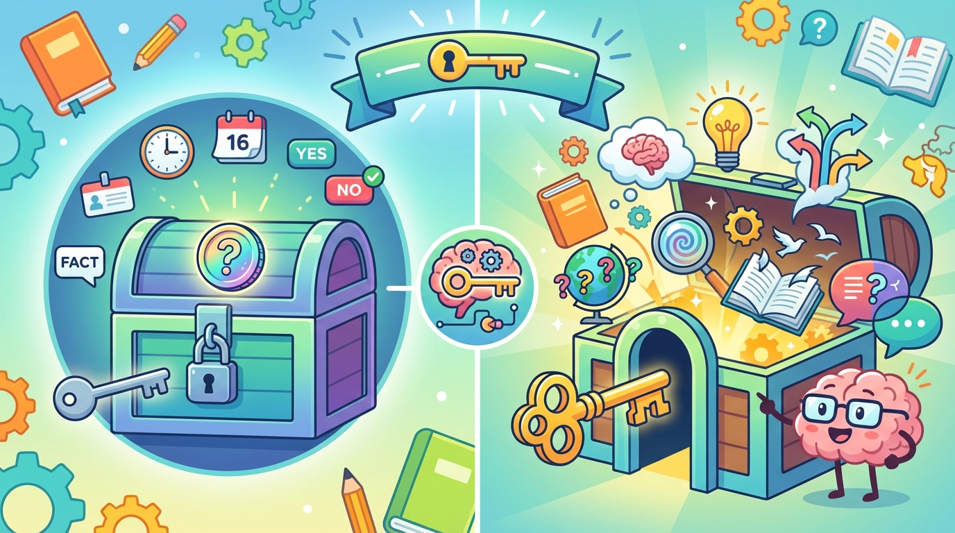 A split illustration showing a closed locked door representing 'Yes/No' answers on the left, and an open door revealing a vast universe representing 'Explanation' answers on the right.
