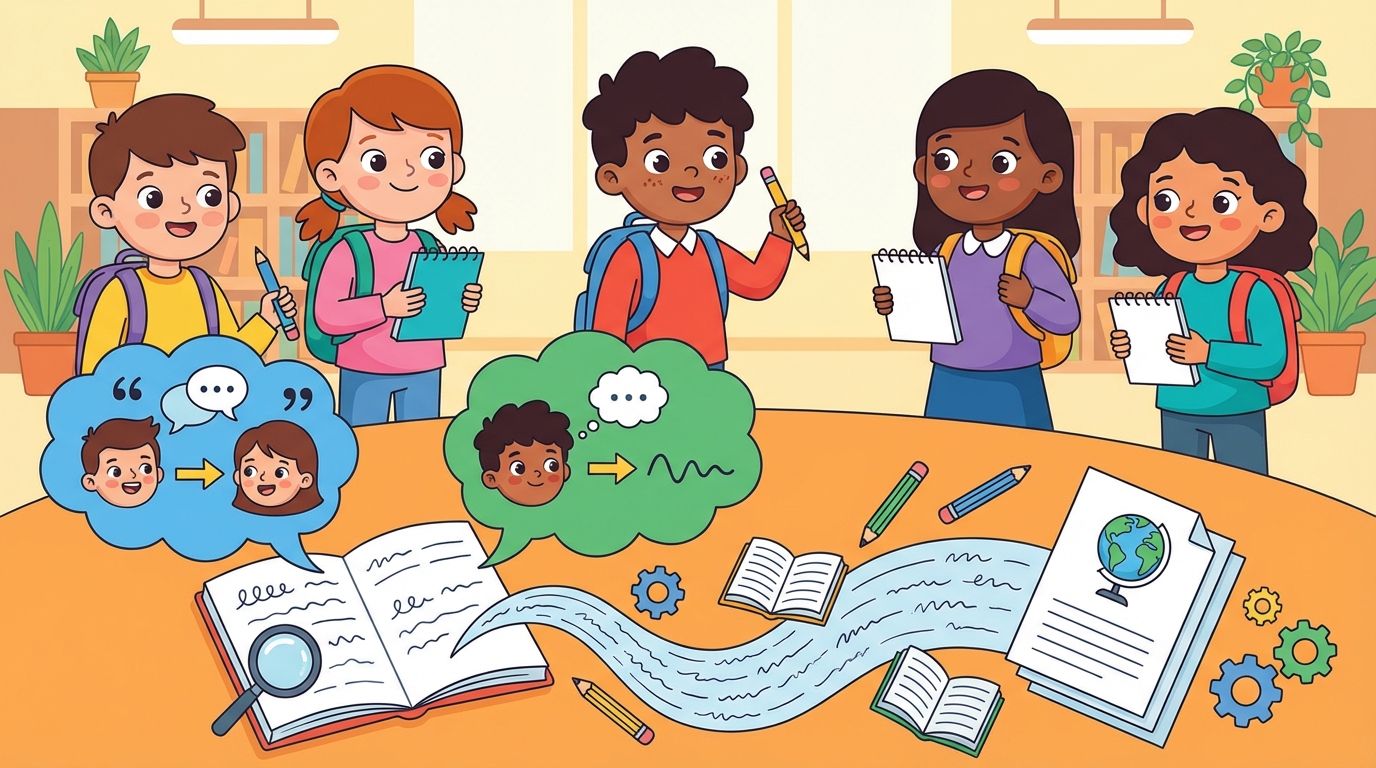 Split screen illustration: On the left, a person speaking with a speech bubble showing exact text in quotes. On the right, a writer thinking about what was said and writing it in a notebook without quotes.