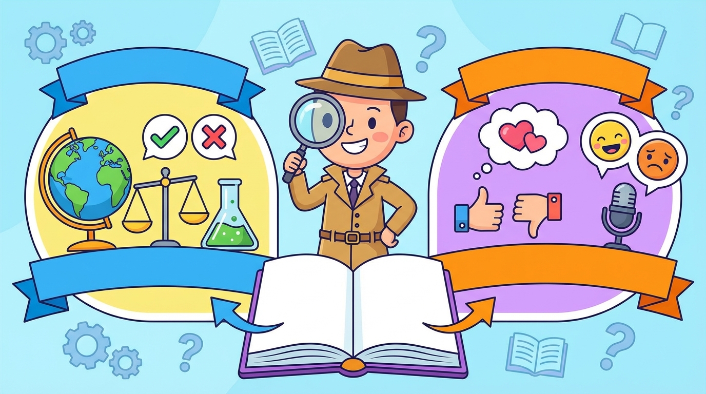 A split illustration showing a scientist checking data on a clipboard (fact) versus a person with a thought bubble filled with hearts and stars (opinion).