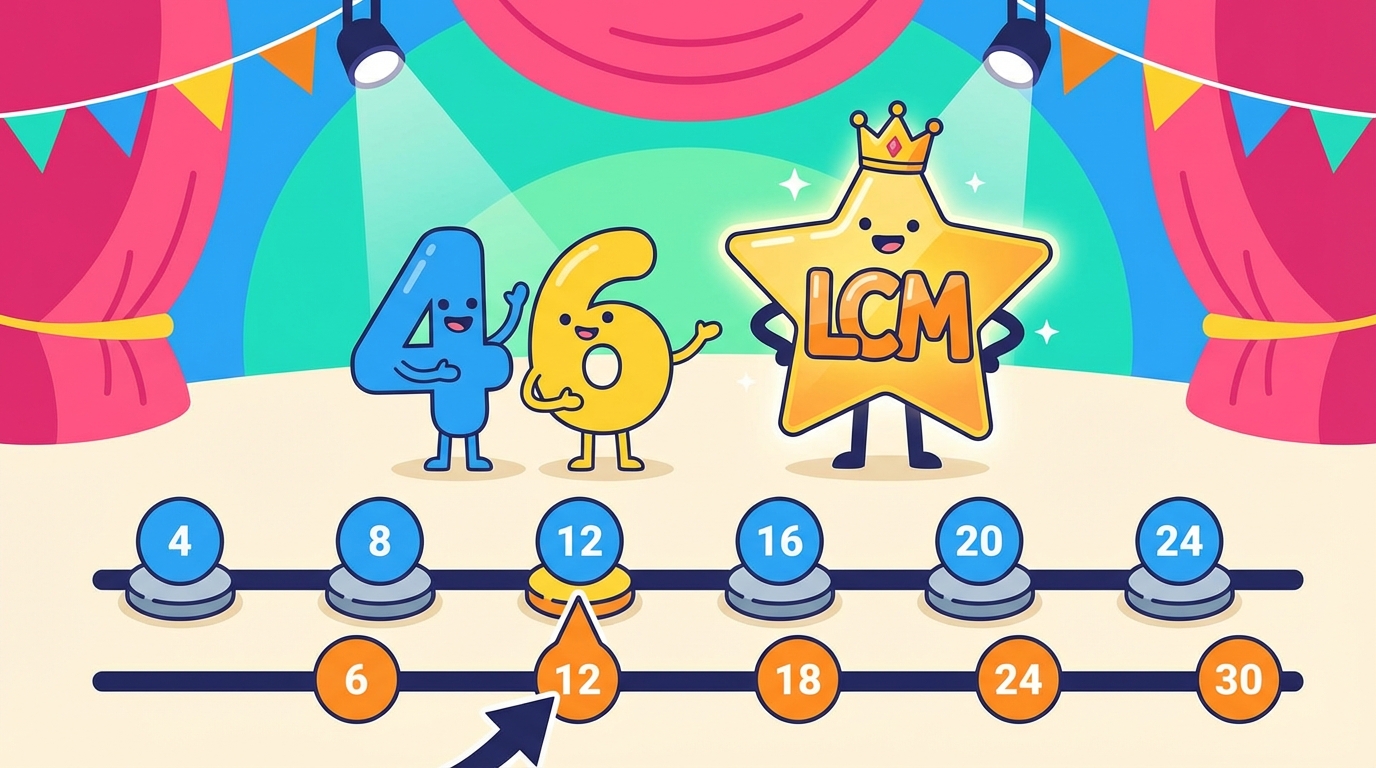 A visual number line showing two frogs jumping. The top frog jumps in intervals of 3 (3, 6, 9, 12) and the bottom frog jumps in intervals of 4 (4, 8, 12), with both landing on the number 12 highlighted as a star.