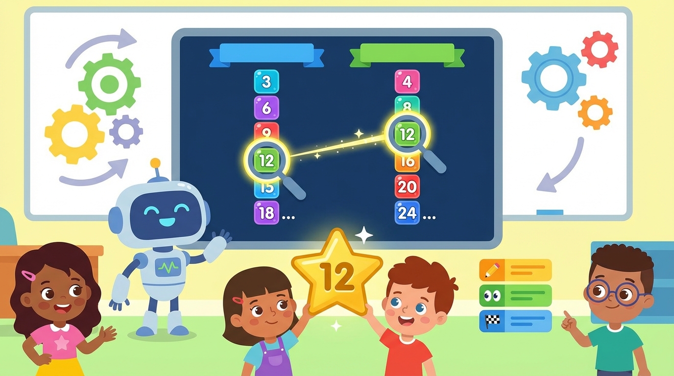 A visual comparison showing two horizontal rows of numbers. The top row shows multiples of 4 and the bottom row shows multiples of 6. The number 12 is highlighted in gold in both rows to show the match.