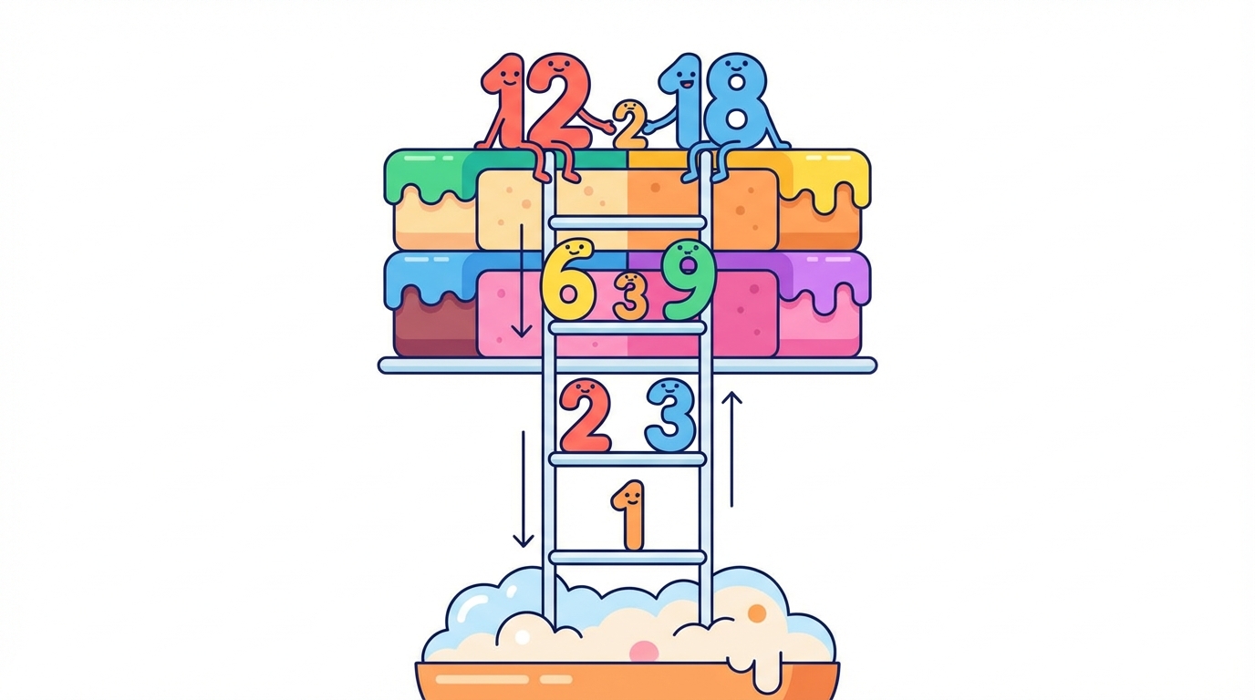 A visual diagram showing the Ladder Method. The numbers 12 and 18 are at the top. They are divided by 2 to get 6 and 9, then divided by 3 to get 2 and 3. An 'L' shape highlights the divisors on the left (2, 3) and the remainders at the bottom (2, 3) to show multiplication.