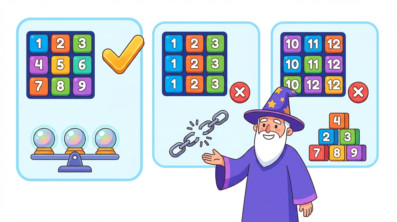 A diagram showing a 3x3 grid with colorful arrows pointing across rows, down columns, and diagonally, all leading to the number 15.