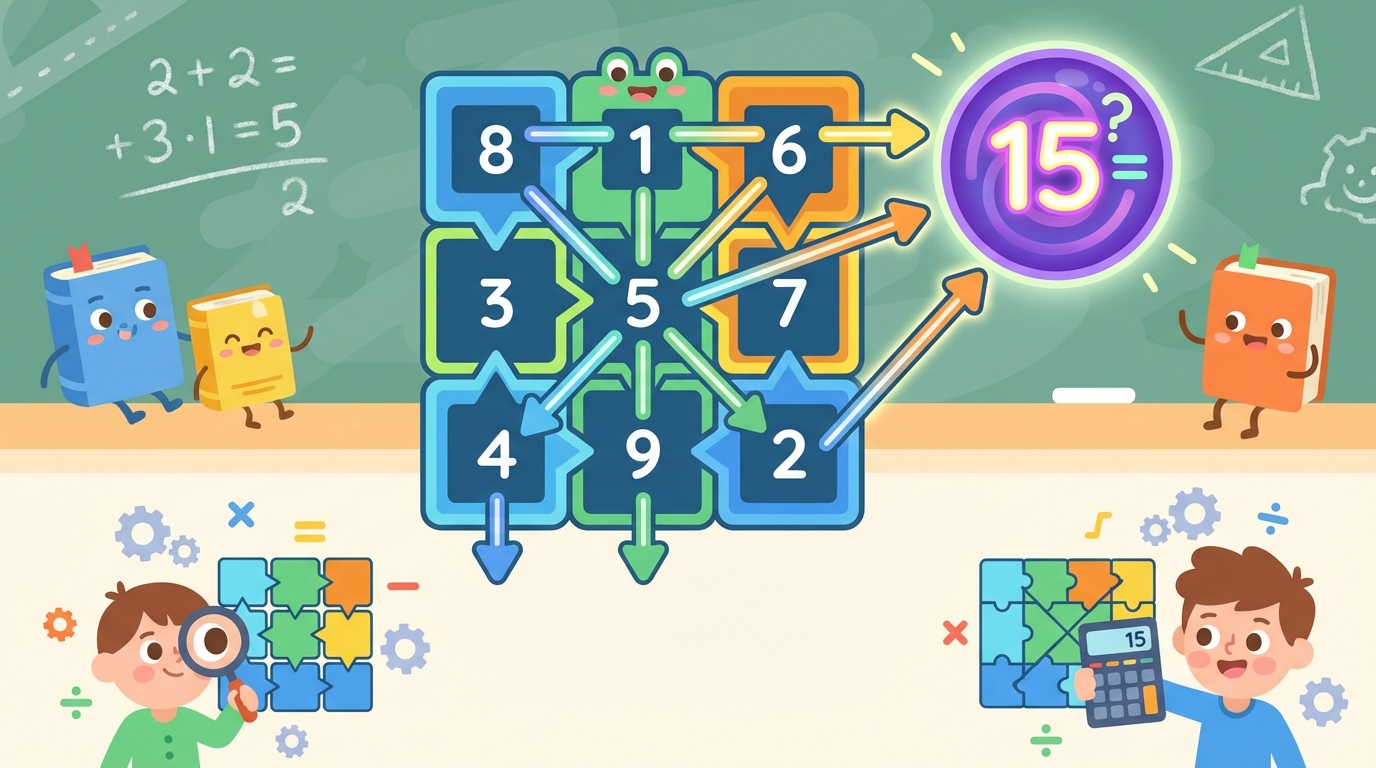 A visual diagram showing a 3x3 grid where numbers 1 through 9 are summed up to 45, then divided by 3 rows to equal 15.