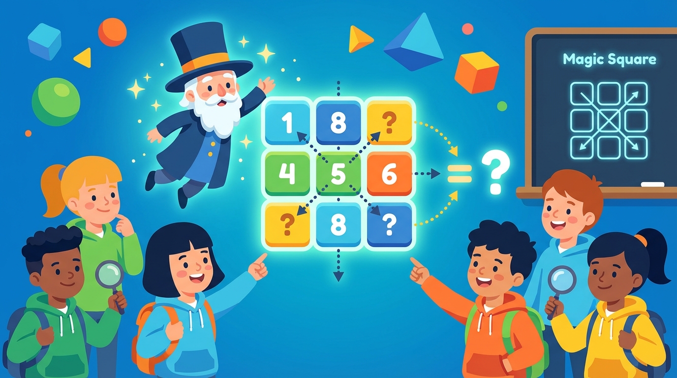 A colorful 3x3 magic square grid with a magnifying glass hovering over a blank square, symbolizing finding the missing number.