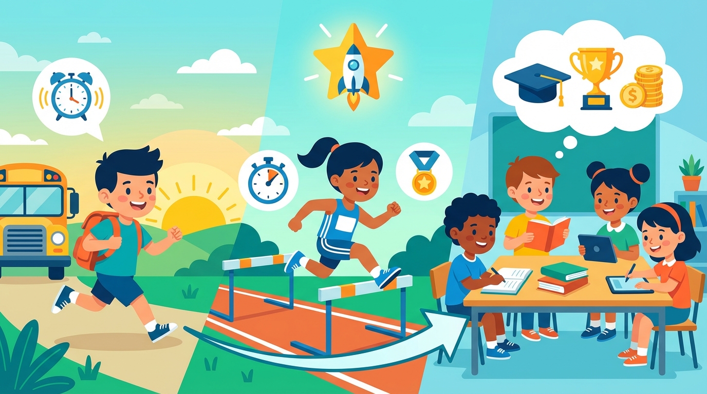 A colorful illustration showing two paths: one path shows a student relaxing with no reward, the other shows a student climbing a hill to grab a golden trophy and a coin, representing incentives.