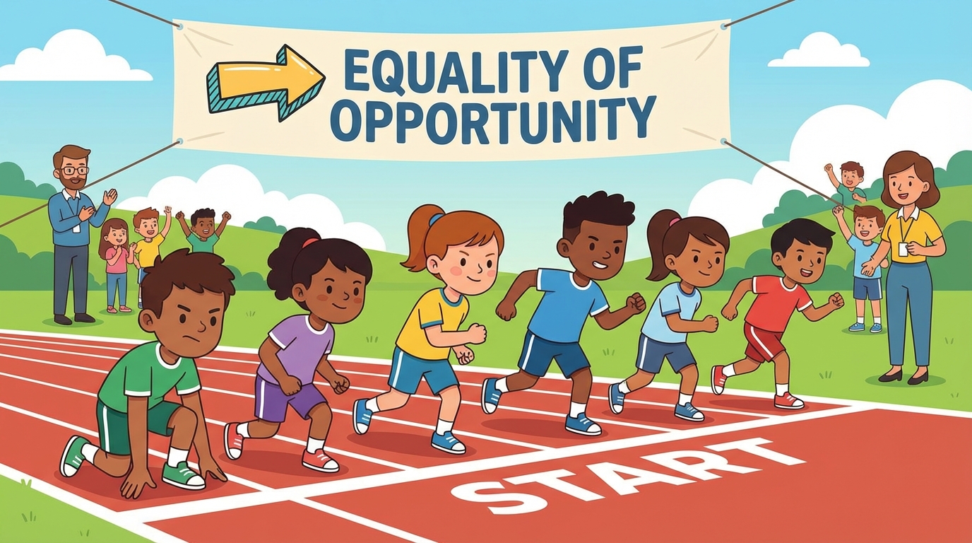 A split-screen educational illustration. Left side: A track race where everyone starts at the same line (Opportunity). Right side: A podium where everyone is standing on the 1st place block holding gold medals (Outcome).