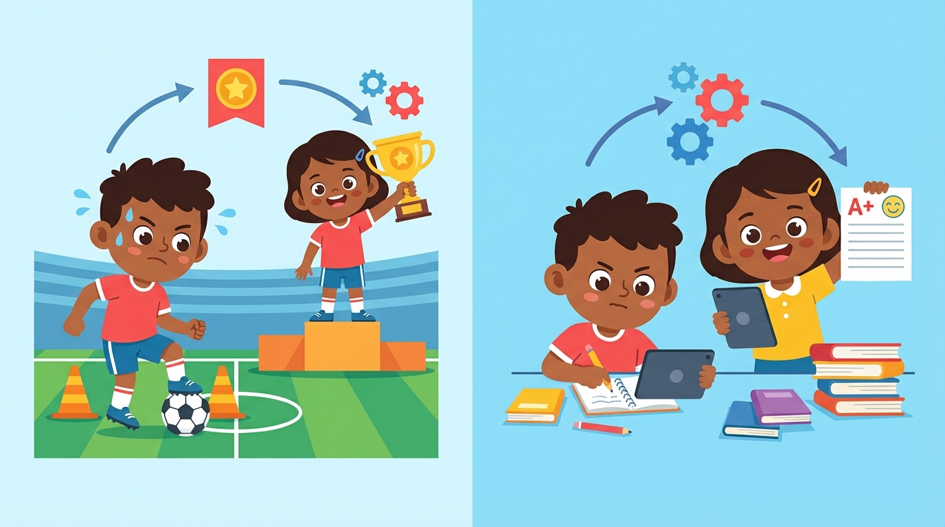 A split illustration showing a happy student holding a soccer trophy on the left and an exam paper with an A+ grade on the right.