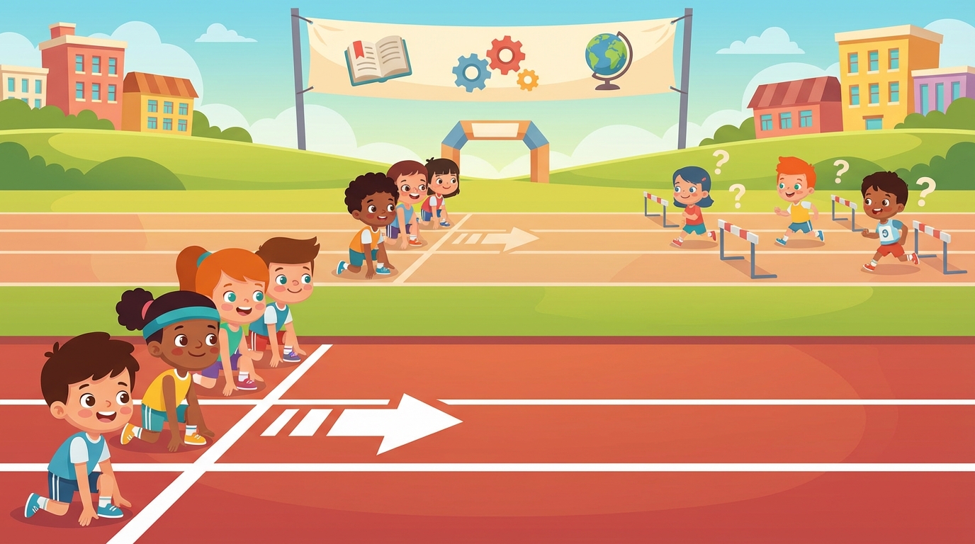 Illustration showing a track race where one runner starts at the normal line, but another runner starts 20 meters ahead with better running shoes.