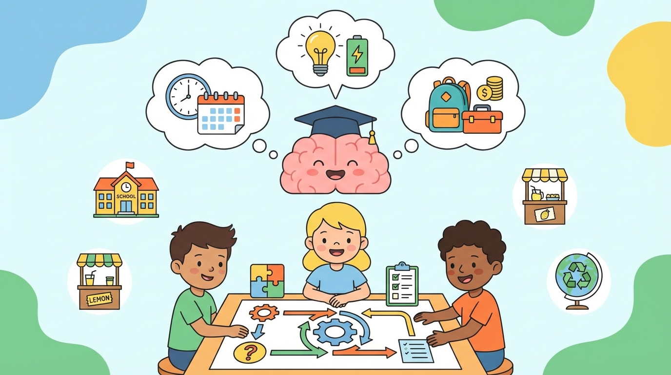 Illustration showing a 6th grade student thinking with three bubbles above their head: a hammer (work), a lightbulb (ideas), and a refresh arrow (adaptation).