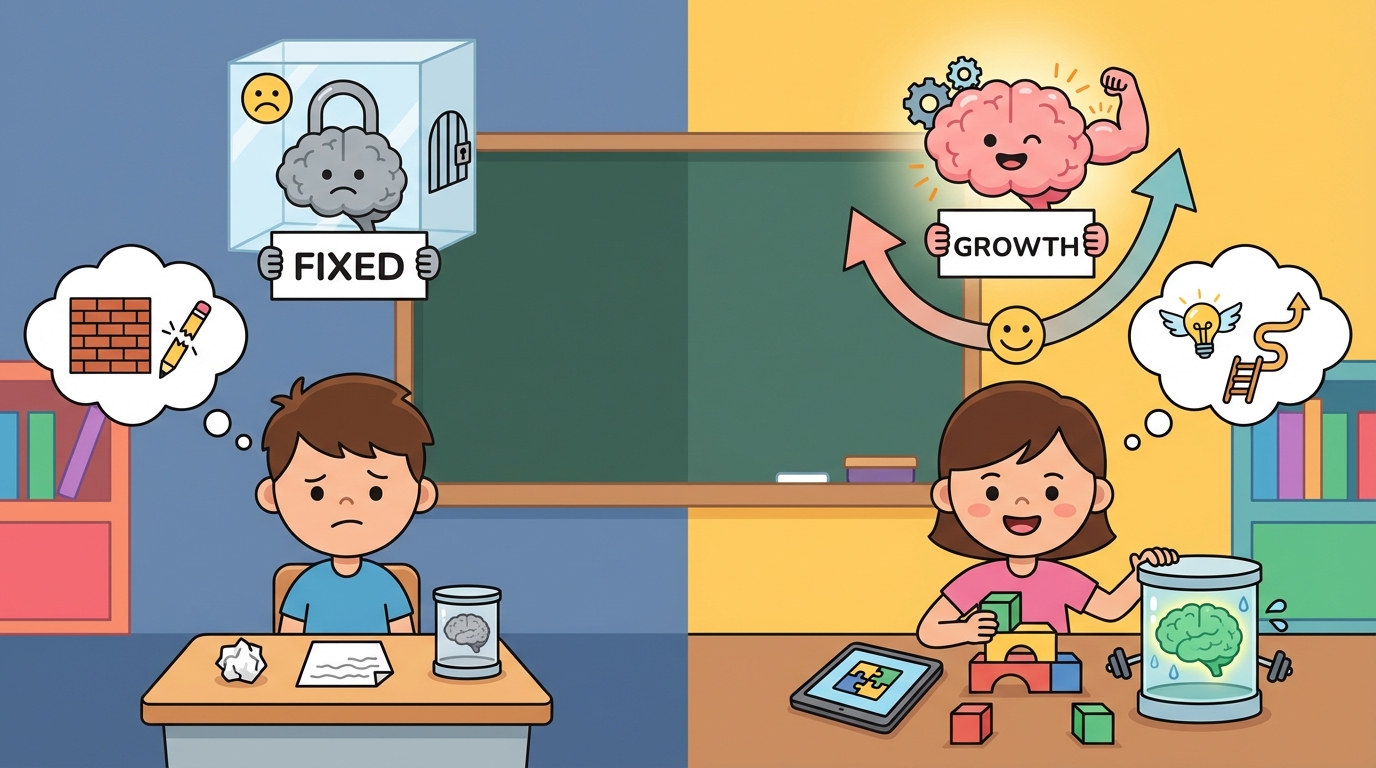 Illustration divided in half: The left side shows a grey head with a padlock (Fixed Mindset), while the right side shows a bright head with a growing tree inside (Growth Mindset).