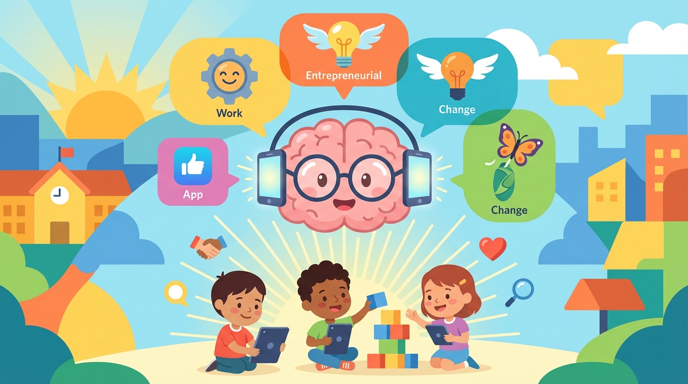 Illustration showing three students: one building a robot (entrepreneurial), one fixing a broken toy with a smile (growth), and one organizing books neatly (work mindset).