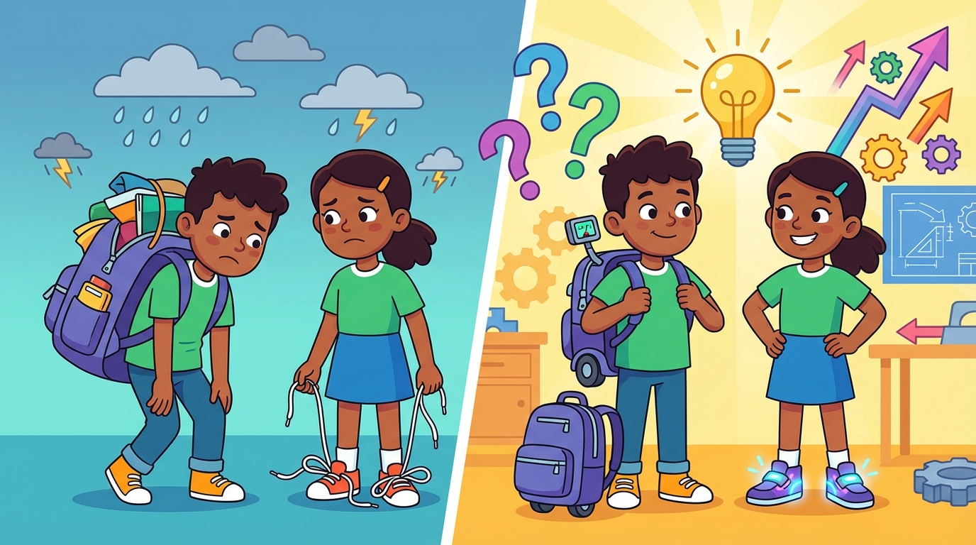 A split-screen cartoon illustration. On the left, a student looks frustrated with a messy pile of papers (Problem). On the right, the same student is smiling with a lightbulb over their head, holding a neat organizer invention (Opportunity).