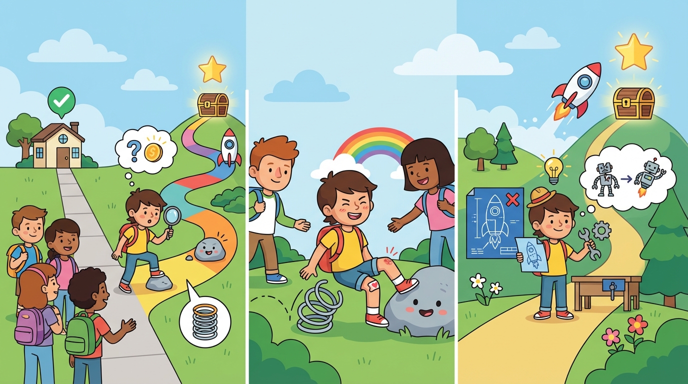 A cartoon illustration split in half: on the left, a student looks sad looking at a failed robot project; on the right, the same student looks excited holding a wrench, fixing the robot with a lightbulb idea above their head.