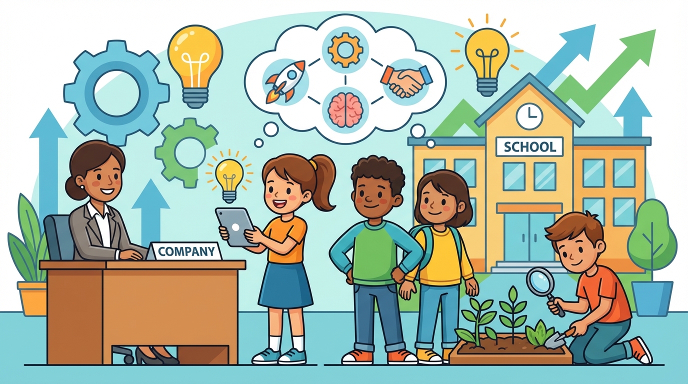 A split illustration showing two scenes: on the left, a person building a small shop alone (Entrepreneur); on the right, a person inside a large colorful office presenting a bright lightbulb idea to a team (Intrapreneur).