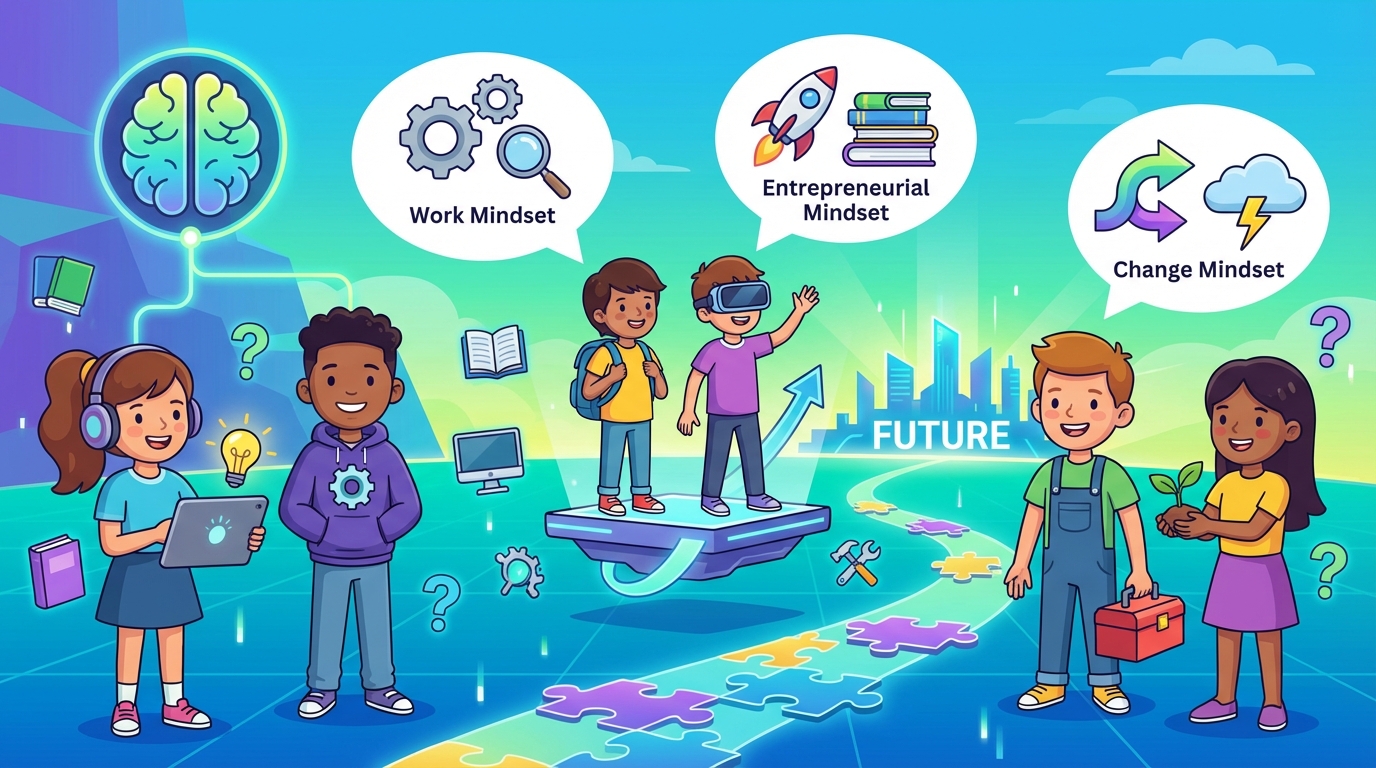 Illustration showing a diverse group of students climbing a staircase of books, with each step representing a new skill like coding, art, and science, reaching towards a bright futuristic city.