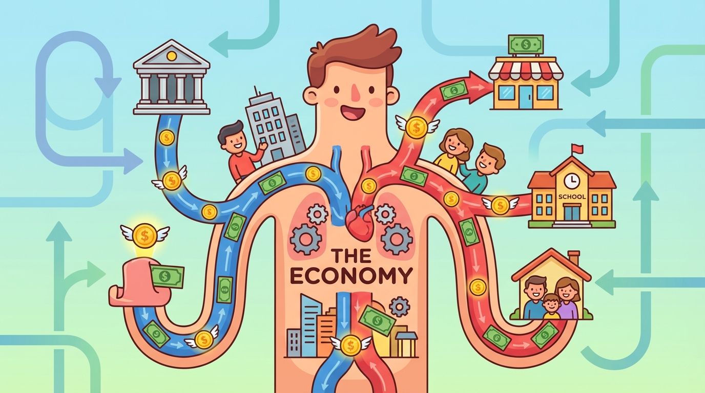 A colorful diagram showing a circle illustrating the flow of money: from a home to a store, then from the store to employees, and back to other businesses.