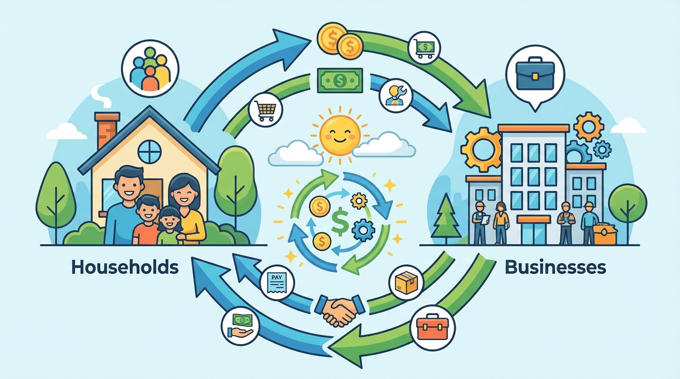 A diagram showing a circle. On the left is a house (Households), on the right is a factory (Businesses). Green arrows representing money flow clockwise, while red arrows representing goods and labor flow counter-clockwise.